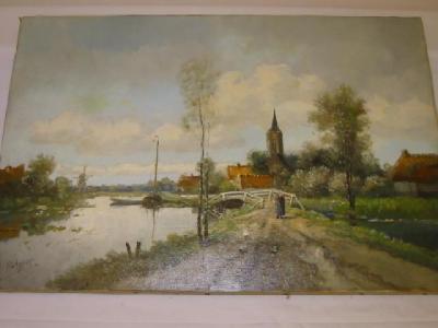 Appraisal: A RUTGERS Dutch Canal Scene with Village Figure and Chicks