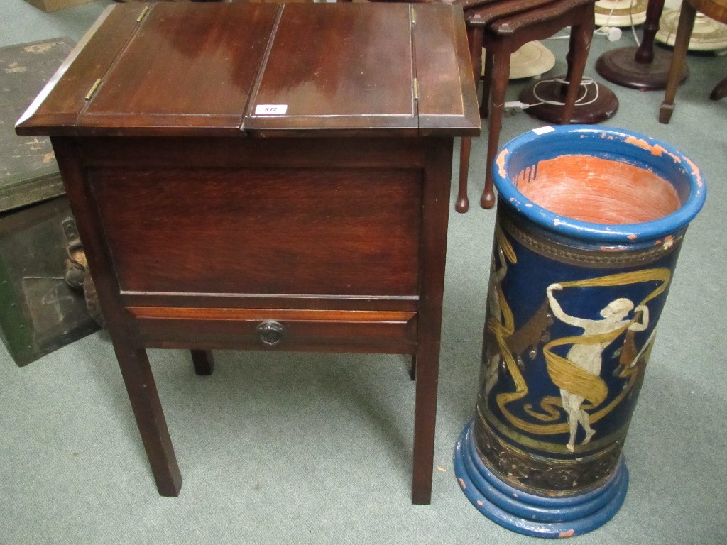 Appraisal: Mahogany sewing cabinet and a pottery stick stand