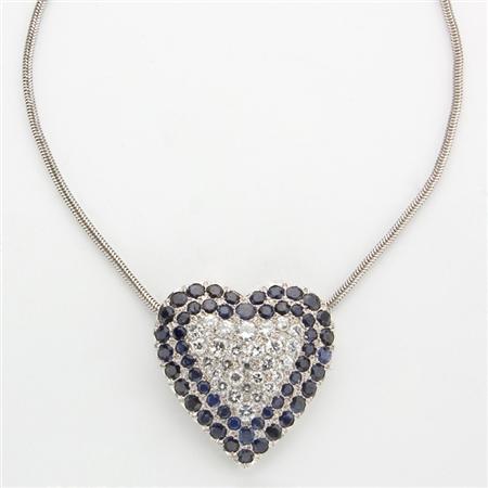 Appraisal: White Gold Diamond and Sapphire Heart Pendant with White Gold