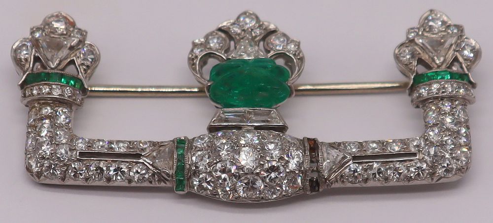 Appraisal: JEWELRY Art Deco Platinum Diamond and Emerald Brooch Art Deco