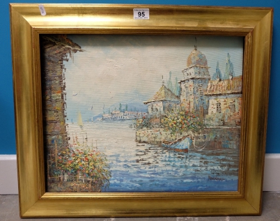 Appraisal: Framed Oil on canvas painting of continental seaside view frame