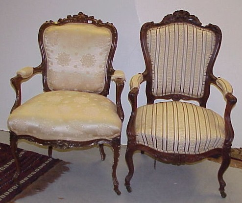 Appraisal: Two French style Bergere chairs one walnut with striped upholstery