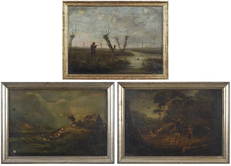 Appraisal: Three British School Shooting Paintings th century Duck Hunting on