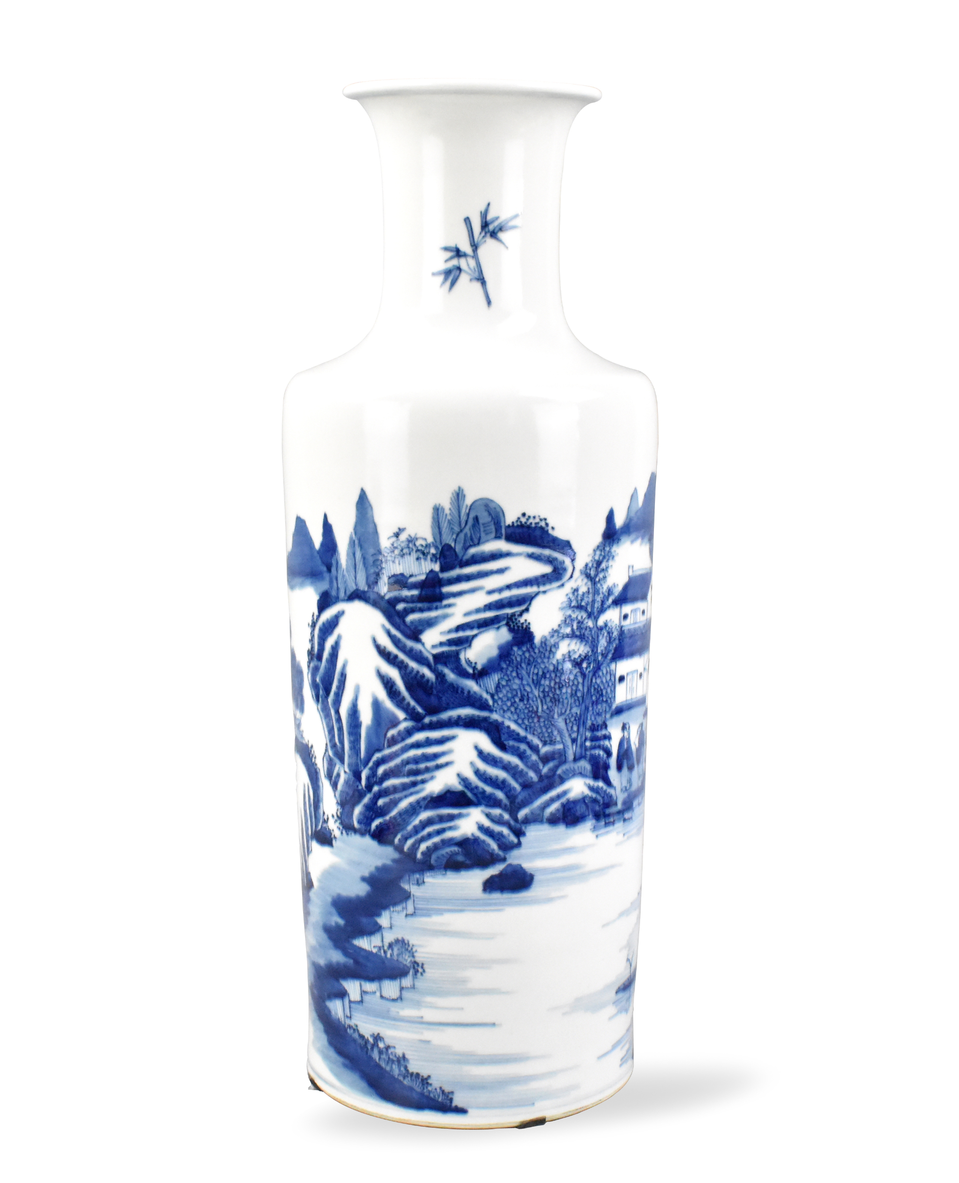 Appraisal: A Chinese blue white rouleau vase with landscape design dating