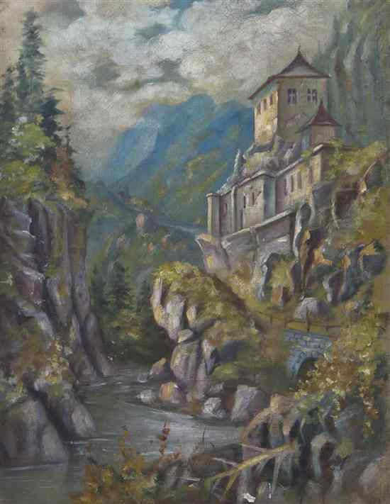 Appraisal: Artist Unknown th century Streamside Castle oil on canvas x