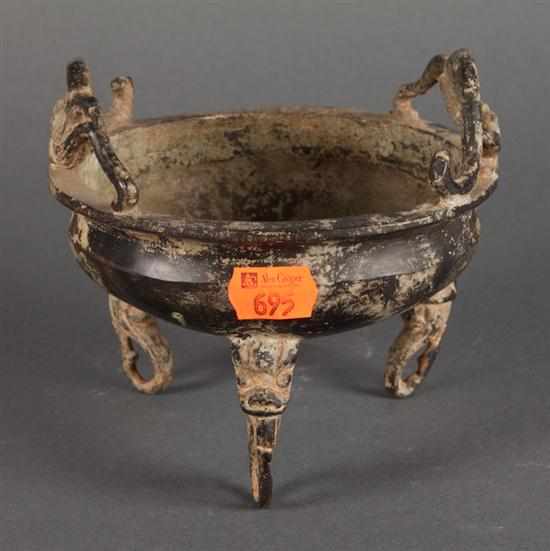 Appraisal: Chinese archaic style bronze footed bowl with traces of gilt