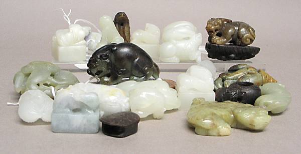 Appraisal: A large group jade and hardstone miniature carvings Including twenty-two