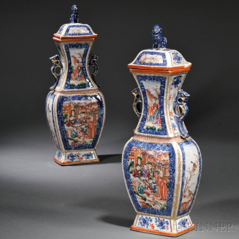 Appraisal: Pair of Chinese Export Porcelain Mandarin Palette Covered Garniture Vases