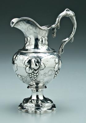 Appraisal: Albert Coles coin silver pitcher round with grapevine handle scalloped