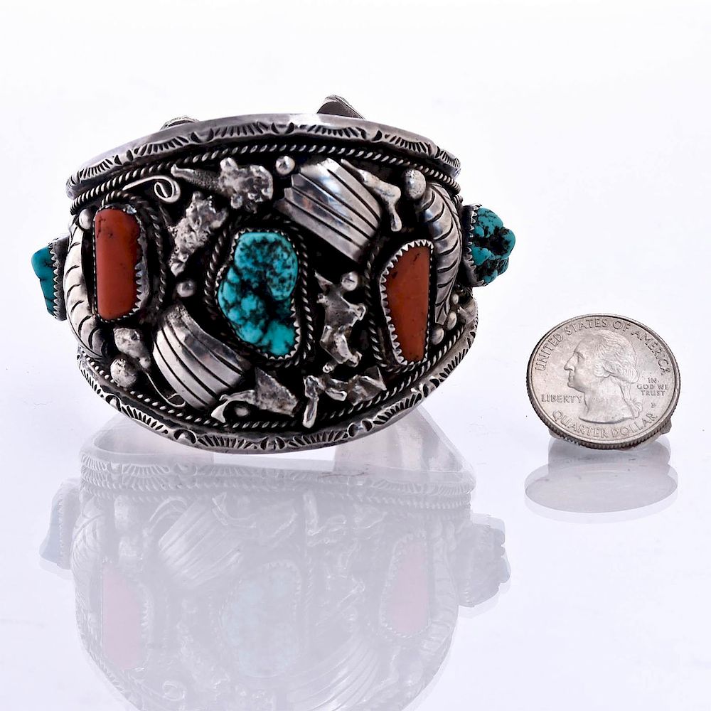 Appraisal: NATIVE AMERICAN SILVER TURQUOISE CORAL CUFF C approx weight g