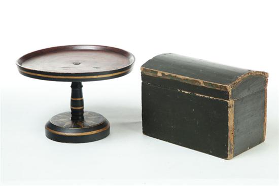 Appraisal: DECORATED CAKE STAND AND MINIATURE TRUNK American or European late