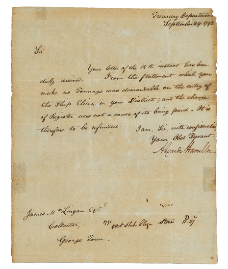 Appraisal: HAMILTON ALEXANDER Letter Signed as Secretary of the Treasury to