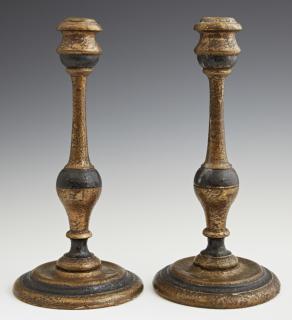 Appraisal: Pair of Carved Gilt and Polychromed Wood Candlesti Pair of