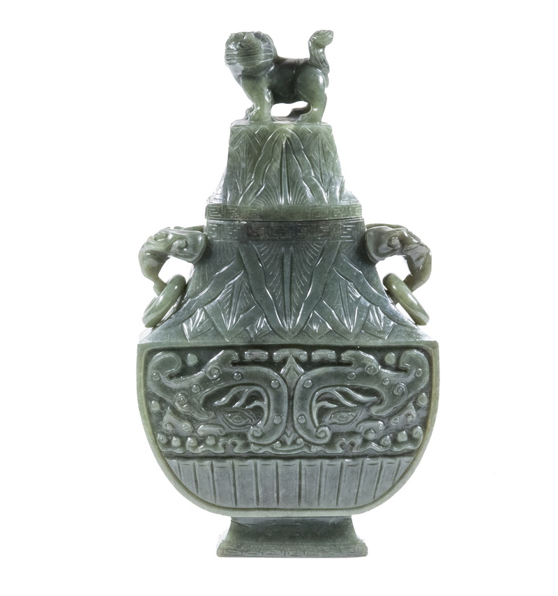 Appraisal: EARLY QING DYNASTY SPINACH JADE COVERED JAR th c with