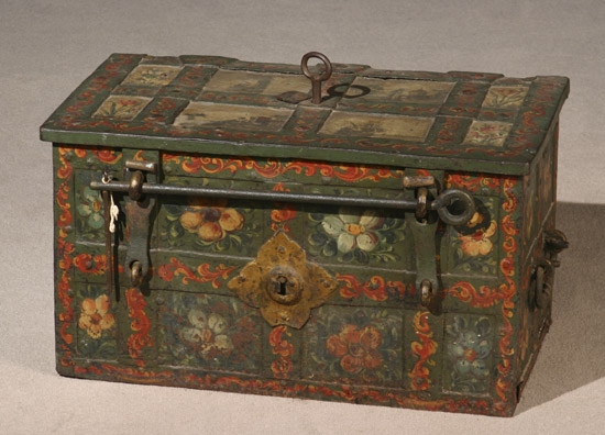 Appraisal: Continental Polychrome Decorated Iron Strong Box Probably German Late th