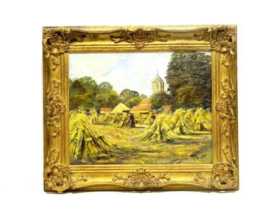 Appraisal: Early th C signed oil on canvas harvest scene showing