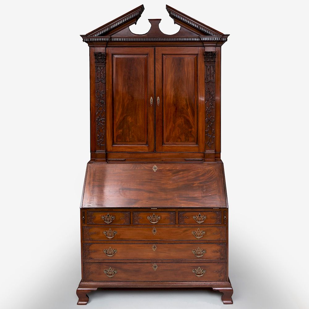 Appraisal: Fine and Rare Chippendale Carved Mahogany Slant-Front Secretary Bookcase In