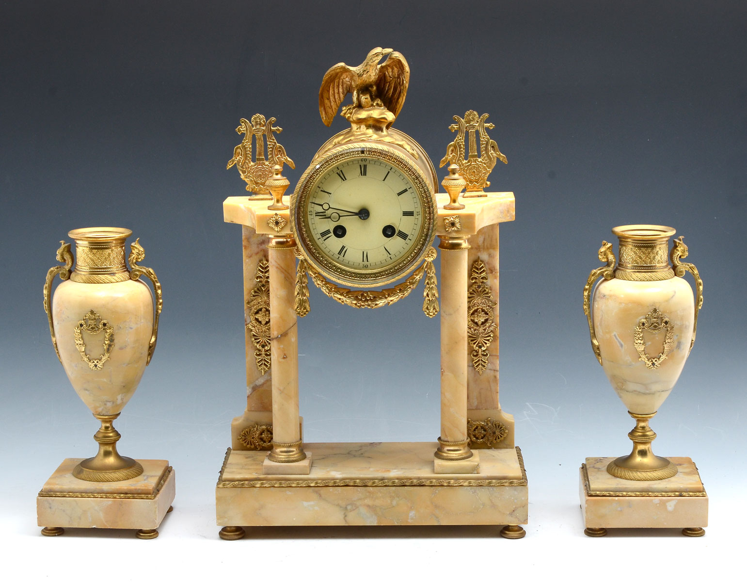 Appraisal: PC ANTIQUE FRENCH GARNITURE CLOCK SET Mercury Gold Gilt bronze