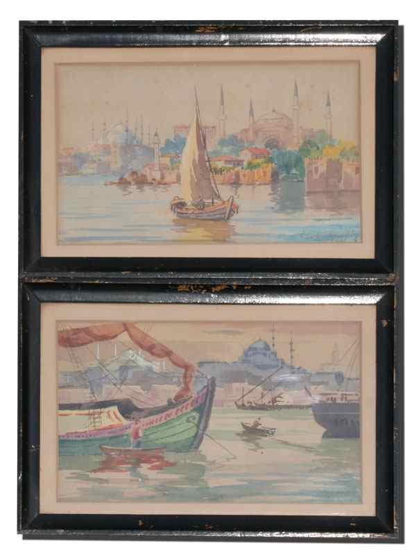 Appraisal: PAIR OF ILLEGIBLY SIGNED CONSTANTINOPLE HARBOR SCENES Watercolors '' x