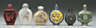 Appraisal: Five Chinese snuff bottles one carved cinnabar lacquer archaic vessels