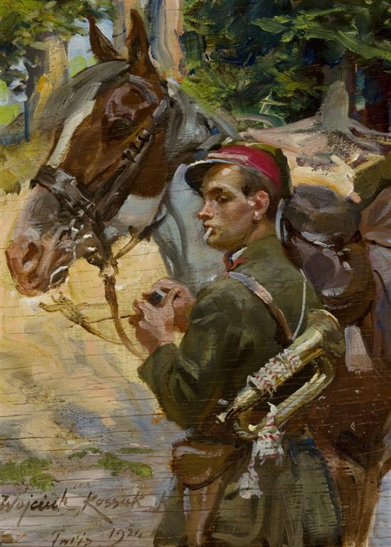 Appraisal: Kossak Wojciech Poland - A soldier beside his horse Oil