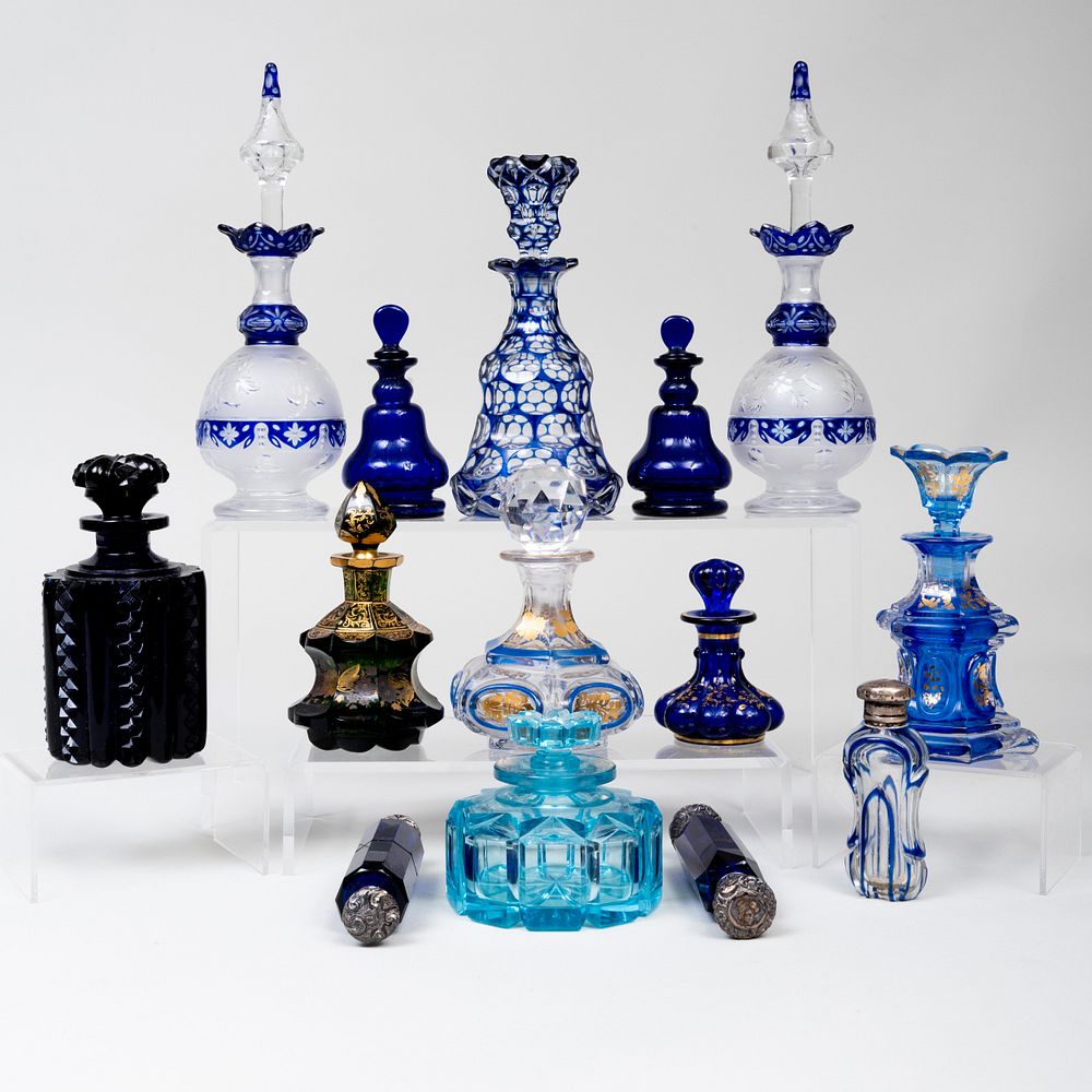 Appraisal: Group of Blue Overlay and Gilt-Decorated Glass Scent Bottles and