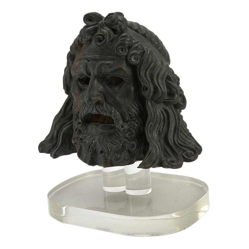 Appraisal: Greek Classical Style Patinated-Metal Mask of Zeus On a plexiglass