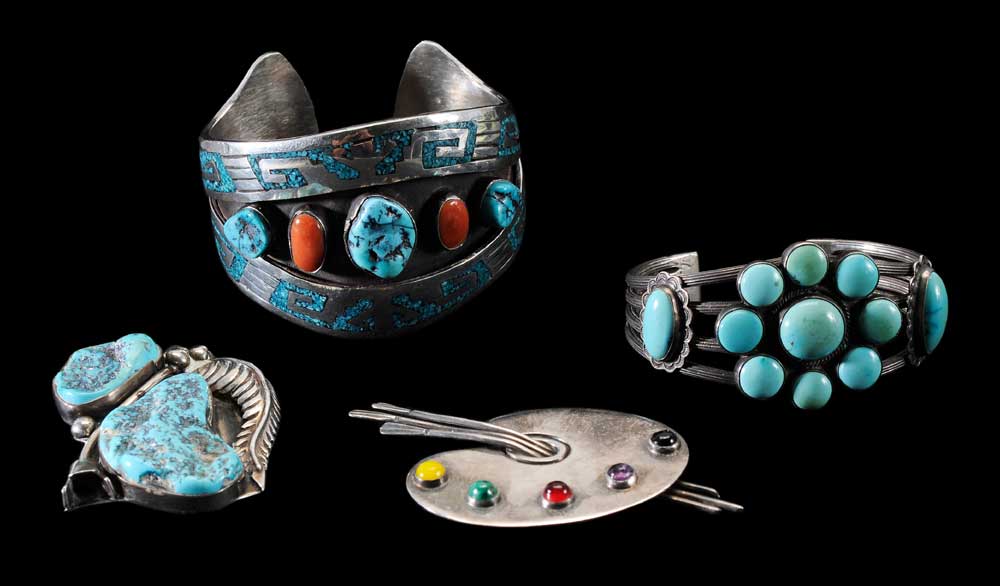 Appraisal: Four Pieces Navajo Silver Jewelry cuff bracelet with inlaid and