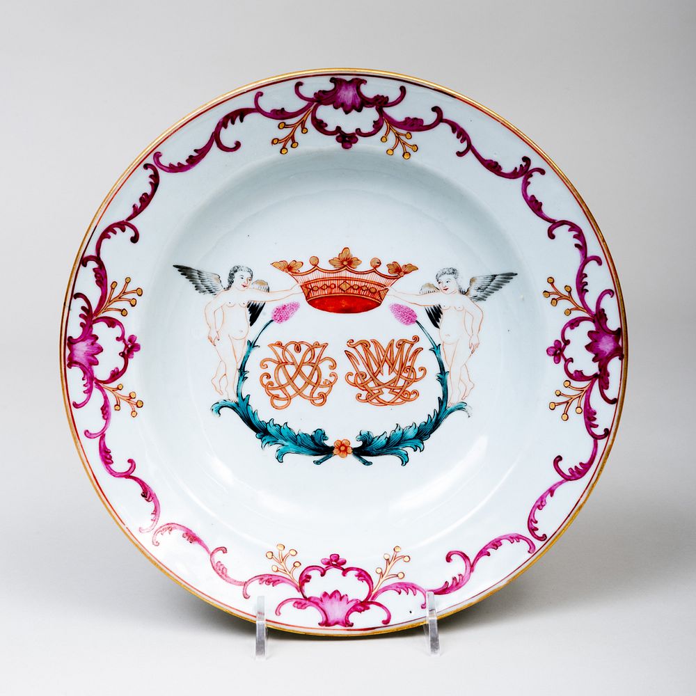 Appraisal: Chinese Export Famille Rose Porcelain Monogrammed Soup Plate in diam