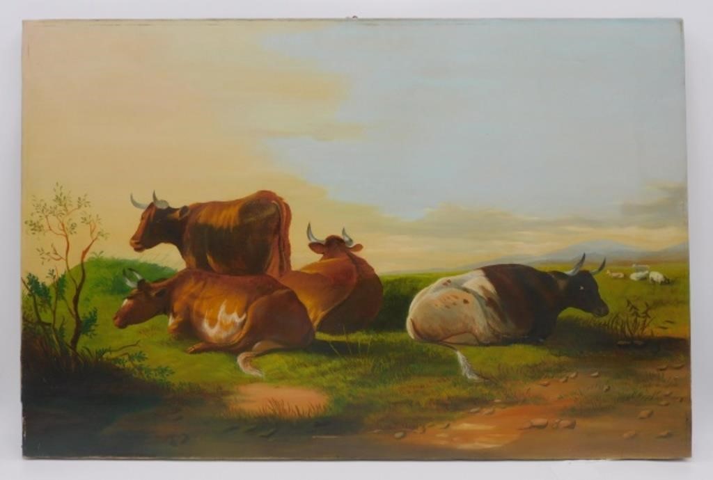 Appraisal: cows in a pasture with sheep in the background Unframed