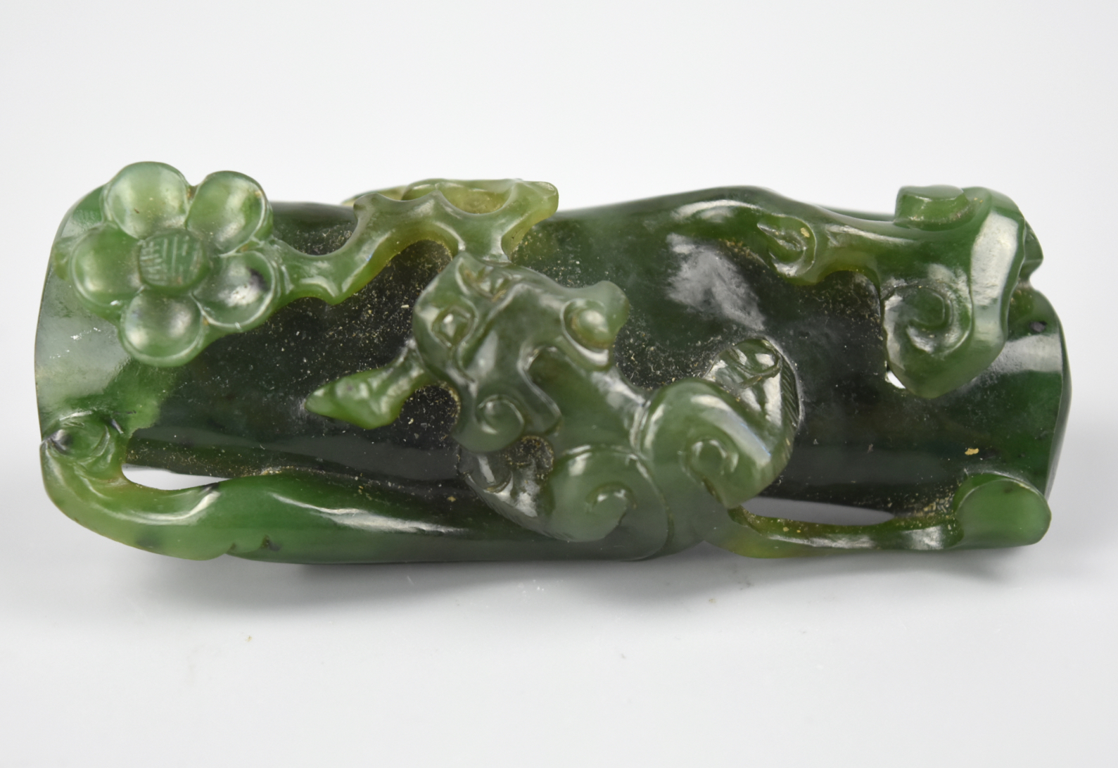 Appraisal: CHINESE SPINACH-GREEN JADE PENDANT W CHILONG A Qing D Chinese