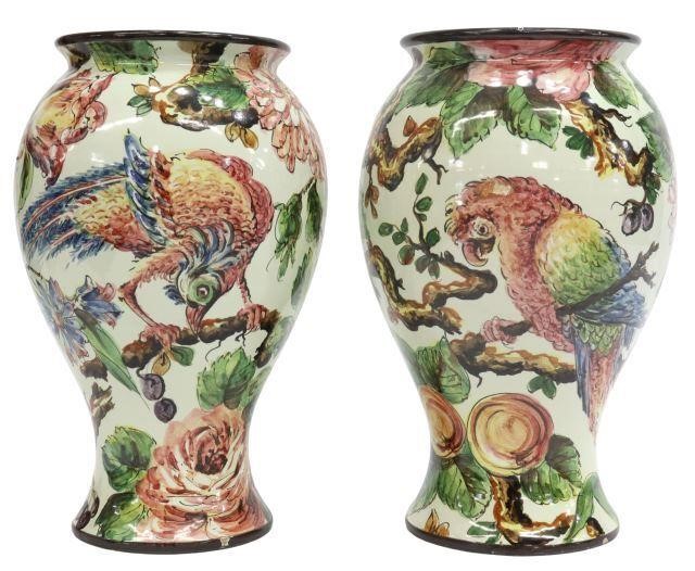 Appraisal: pair Italian majolica vases th c unsigned hand painted with