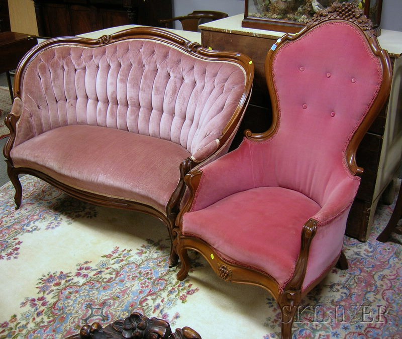 Appraisal: Victorian Rococo Revival Upholstered Carved Walnut Parlor Settee and Armchair