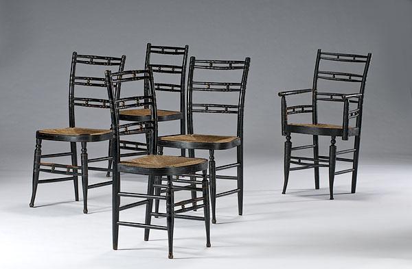 Appraisal: FIVE FANCY CHAIRS IN BLACK PAINT American ca - mixed