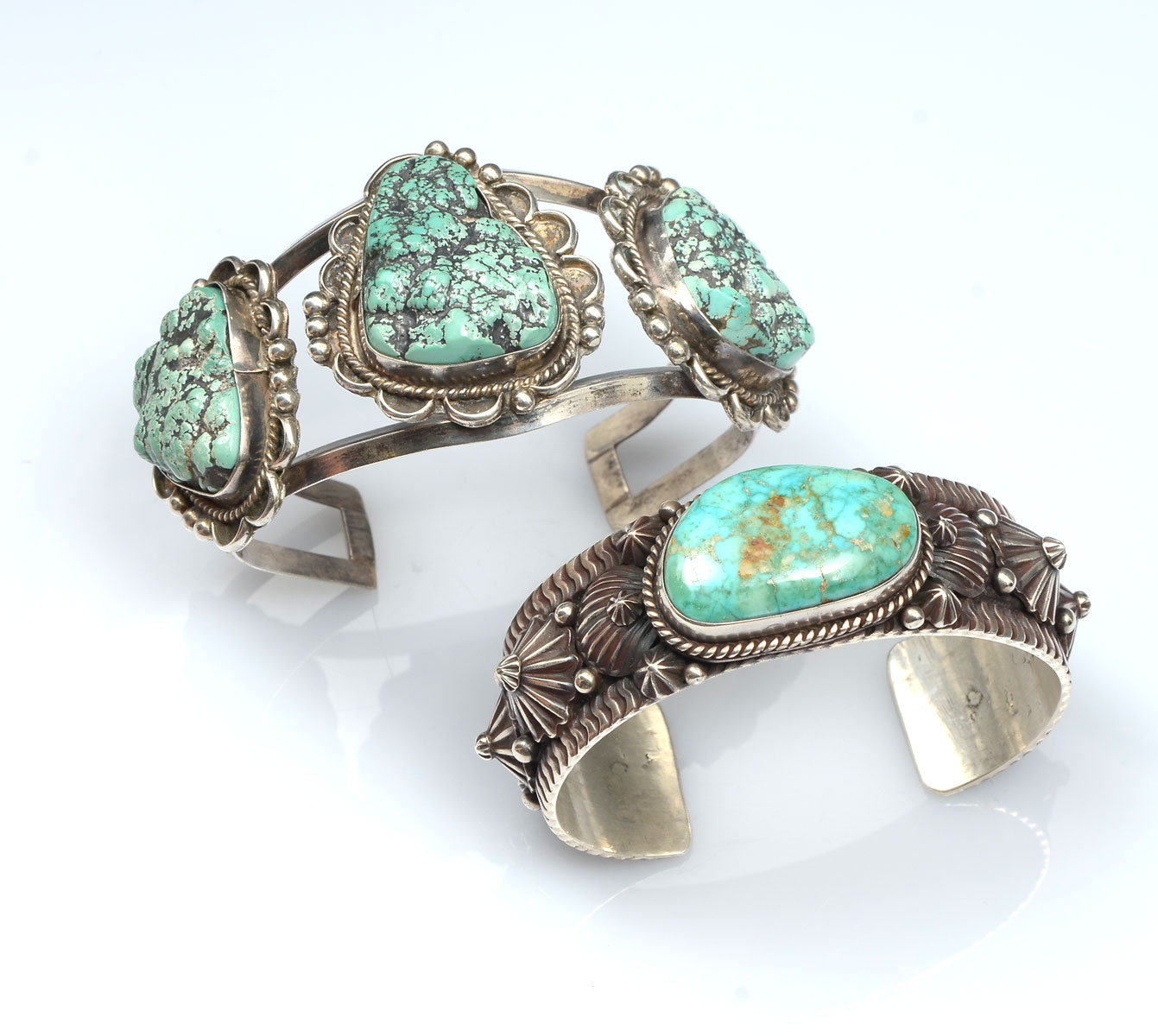 Appraisal: PR NATIVE AMERICAN SW STERLING TURQUOISE BRACELETS Sterling cuff bracelet