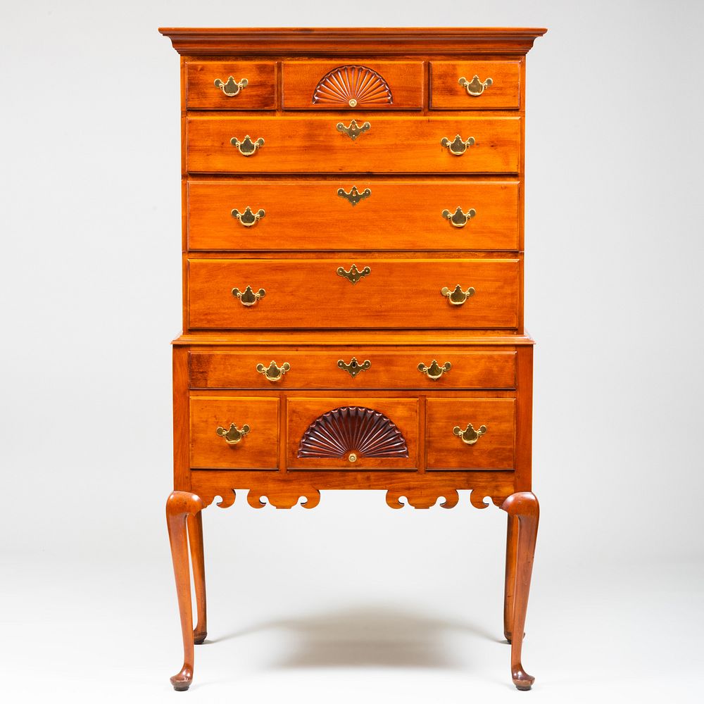 Appraisal: Queen Anne Cherry Flat-Top Highboy The upper section fitted with