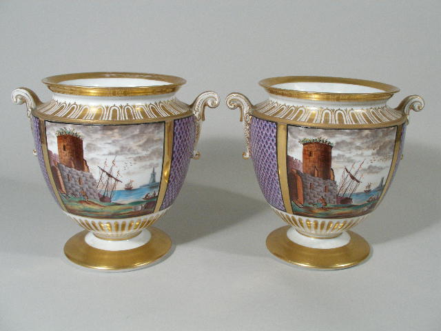 Appraisal: Pair of Paris Porcelain Urns th c both w hand-painted