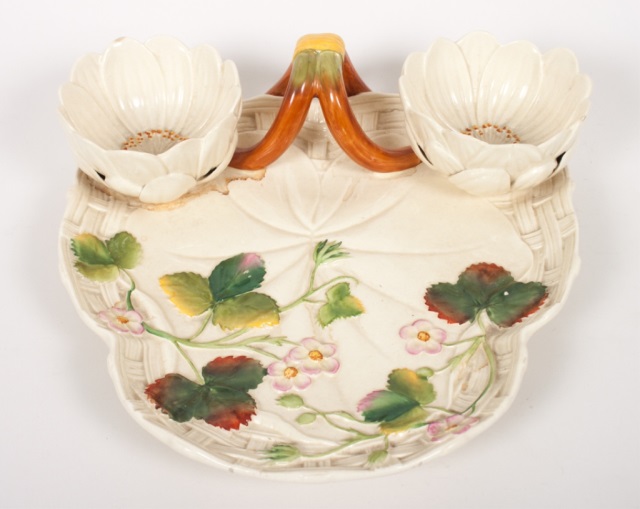 Appraisal: George Jones majolica strawberry basket late th century triefoil dish