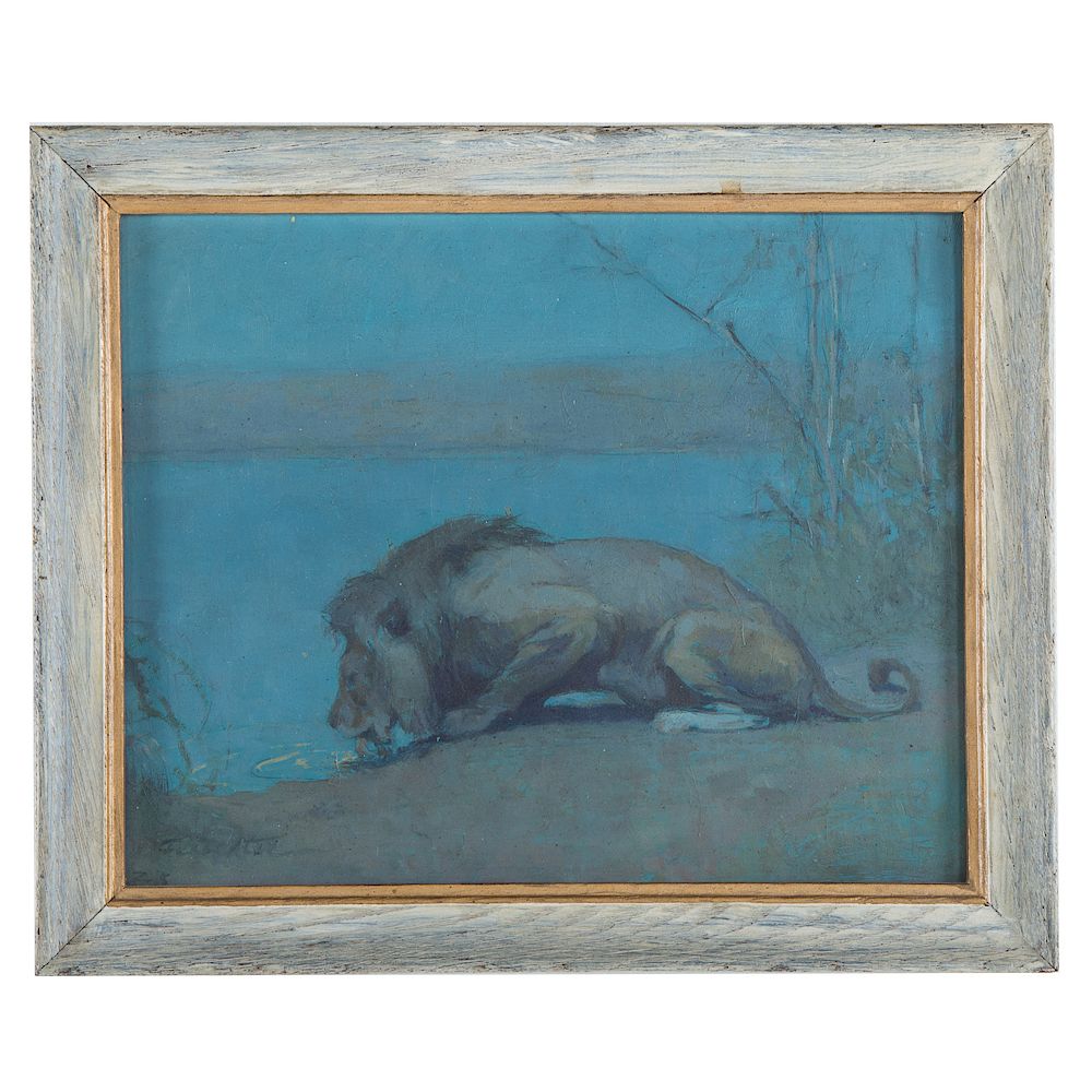 Appraisal: Louis J Feuchter Nocturne Lion Watering American - Oil on