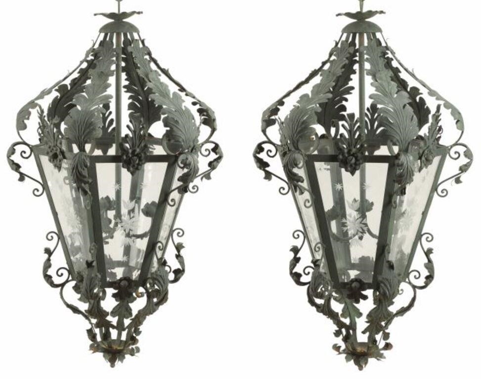 Appraisal: pair Wrought iron tole and etched glass hexagonal lanterns in