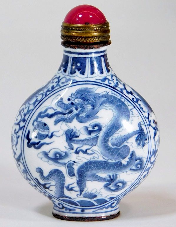 Appraisal: Chinese Enameled Copper Blue Dragon Snuff Bottle China Early th