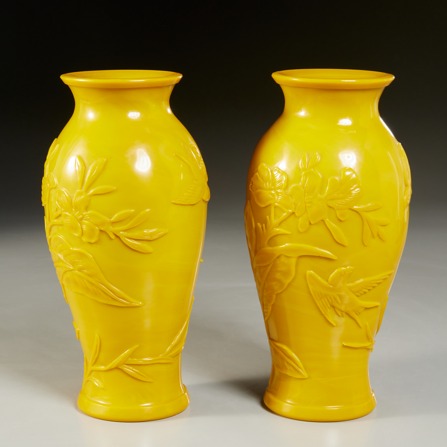 Appraisal: NICE PAIR IMPERIAL YELLOW PEKING GLASS VASES Late Qing dynasty