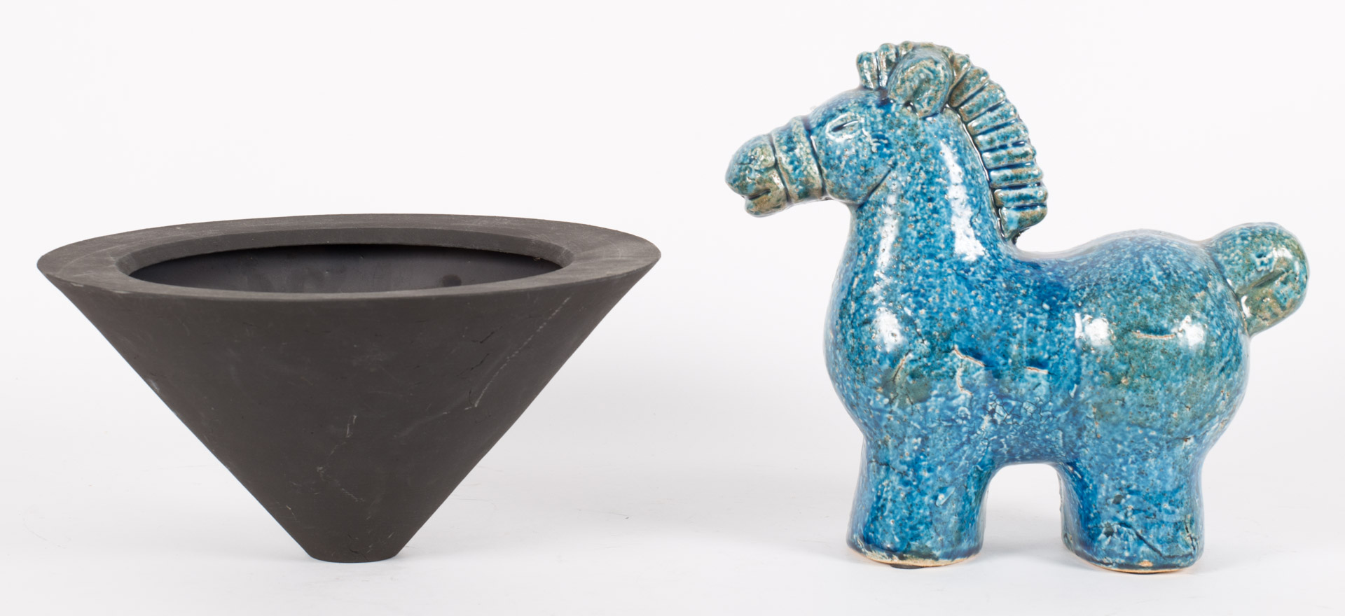 Appraisal: Italian ceramic horse and contemporary basalt vase turquoise glazed horse