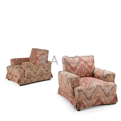 Appraisal: JAMES MONT Pair of club chairs USA s Patterned upholstery