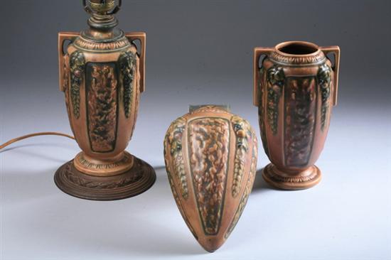 Appraisal: PAIR ROSEVILLE ART POTTERY FLORENTINE BROWN VASES AND A WALL