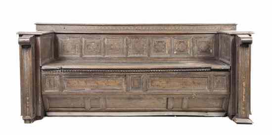 Appraisal: A Renaissance Revival Carved Oak and Marquetry Decorated Hall Bench