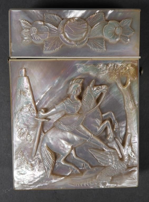 Appraisal: Carved MOP card case with a couple courting and Saint