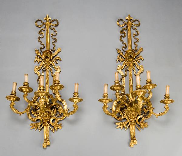 Appraisal: A pair of Louis XVI style gilt bronze five light