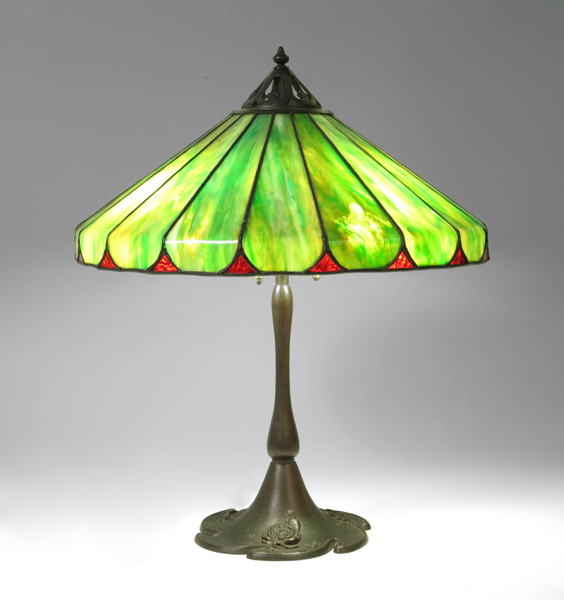 Appraisal: SIGNED HANDEL PANEL SLAG GLASS TABLE LAMP Signed Handel base