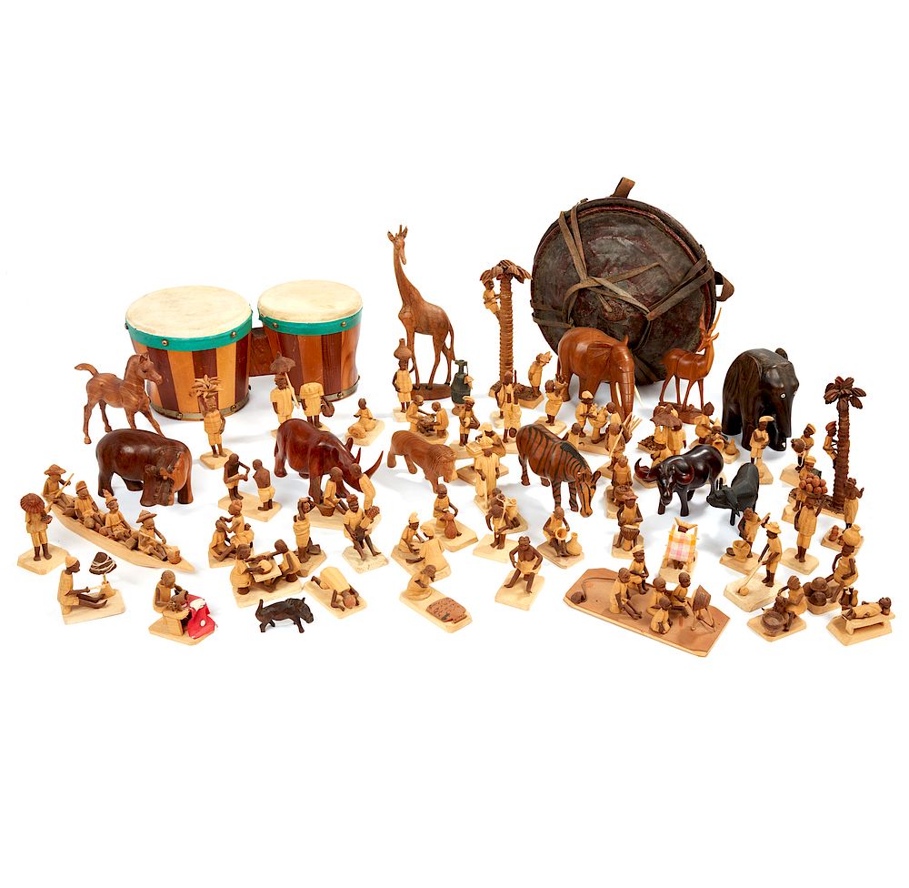 Appraisal: Bongo drums Assorted Wood Animals African Leather Container Assorted items